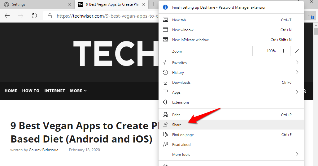 Кнопка «Поделиться» в Microsoft Edge Chrome