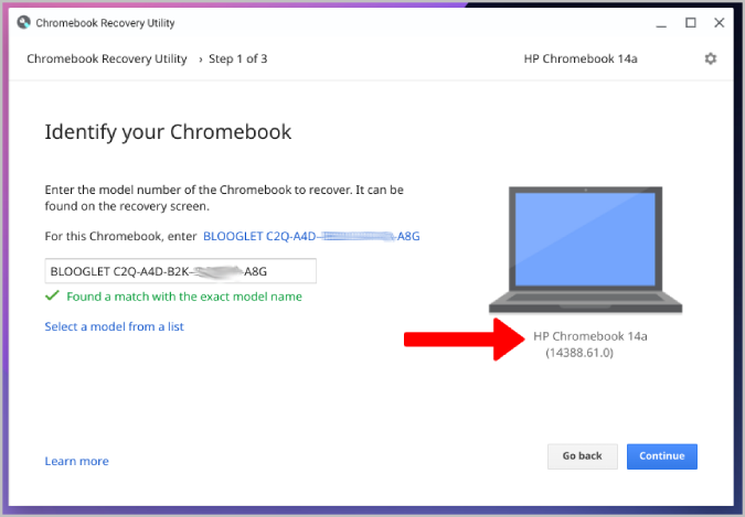 Номер модели вашего Chromebook в утилите восстановления Chromebook