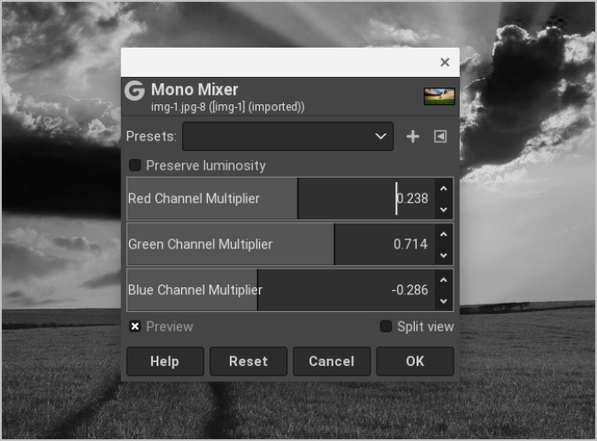 Настройка каналов RGB в Mono Mixer в GIMP