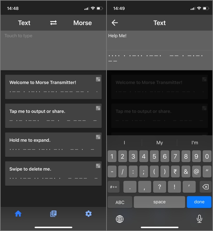 приложение «Передатчик Морзе» на iOS