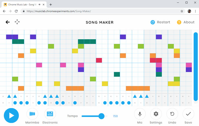 Окно Music Lab в браузере Chrome с множеством разноцветных точек в качестве заметок