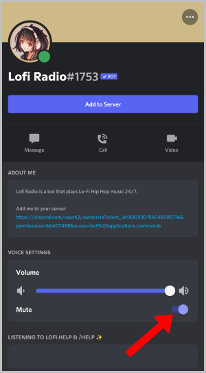 отключение звука пользователя на голосовом канале на Discord Mobile