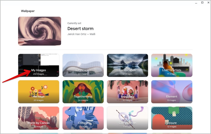 Выбор опции «Мои изображения» на обоях ChromeOS