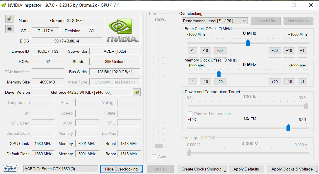 расширенный пользовательский интерфейс разгона в NVIDIA Inspector