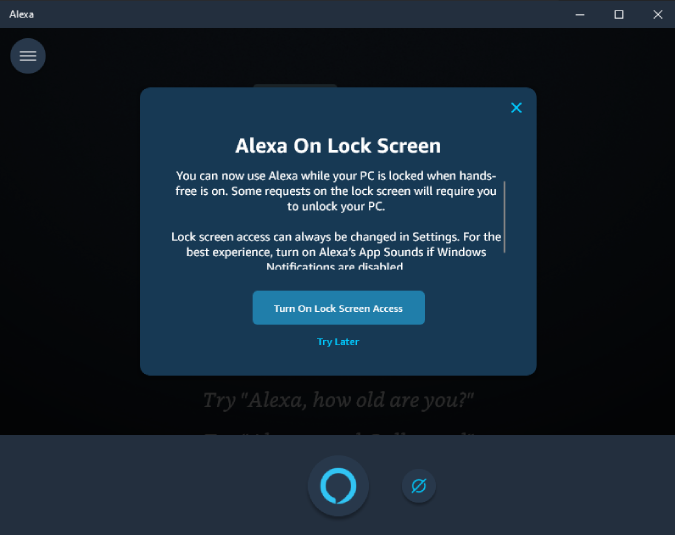 Alexa на экране блокировки Windows