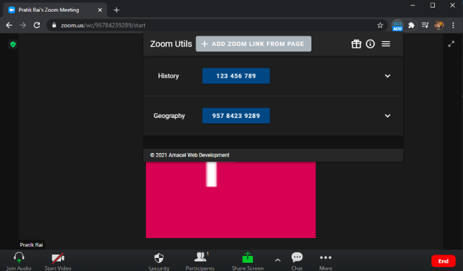 Расширение Chrome для Zoom Utils, показывающее расписание Zoom