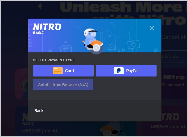 Способ оплаты в Discord Nitro