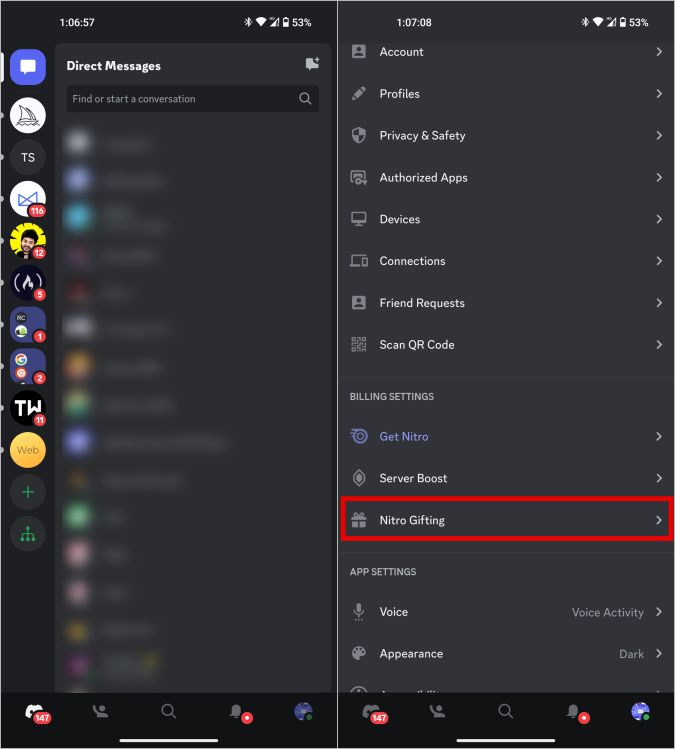 Функция Nitro Gifting в мобильном приложении Discord