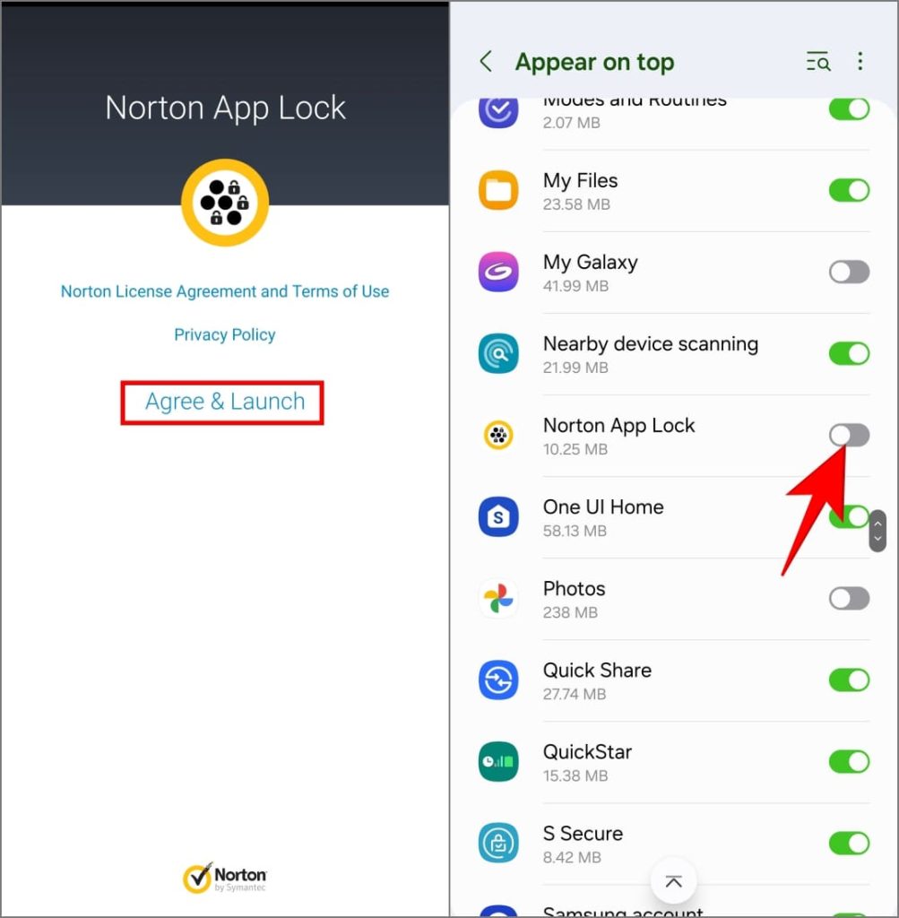 Блокировка приложений Norton на телефоне Samsung Galaxy