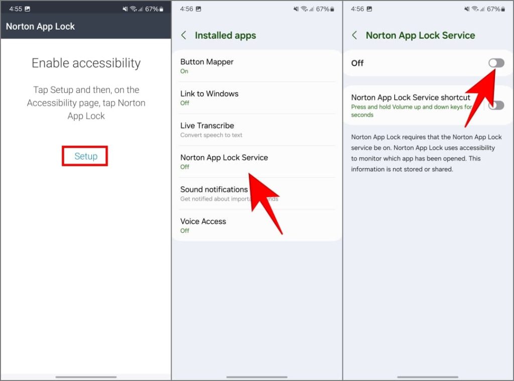 Доступ к специальным возможностям Norton App Lock на телефоне Samsung Galaxy