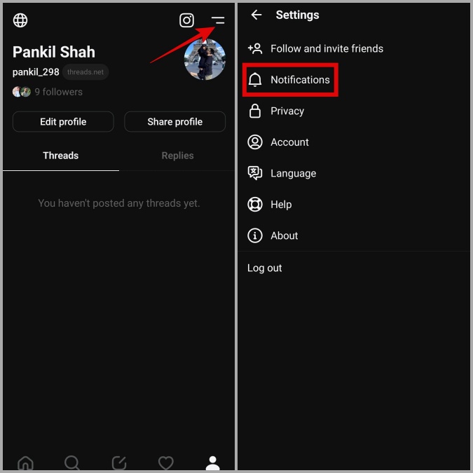 Настройки уведомлений в приложении Threads на Android или iPhone