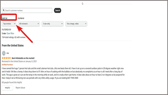 Страница отзывов клиентов Amazon, сортировка по параметрам