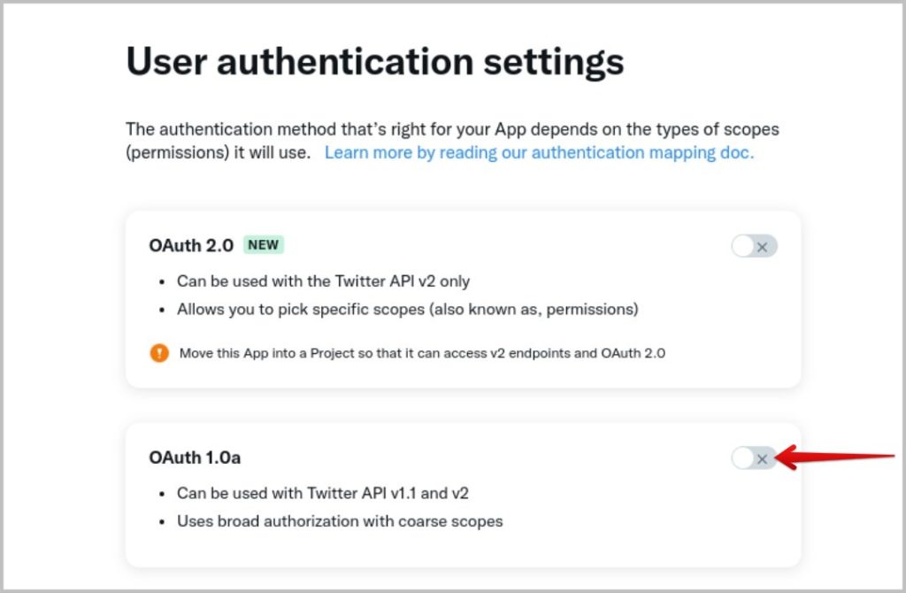 включение OAuth 1.0a