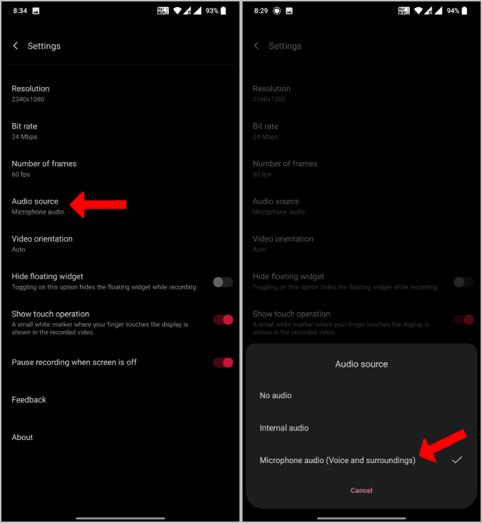 Параметр «Источник звука» в OnePlus Screen Recorder