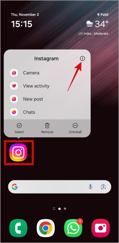 Открыть информацию о приложении Instagram на Android