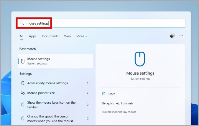 Откройте настройки мыши в Windows 11.