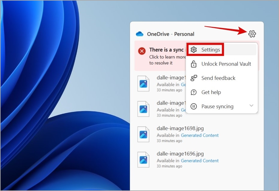 Откройте настройки OneDrive в Windows 11.