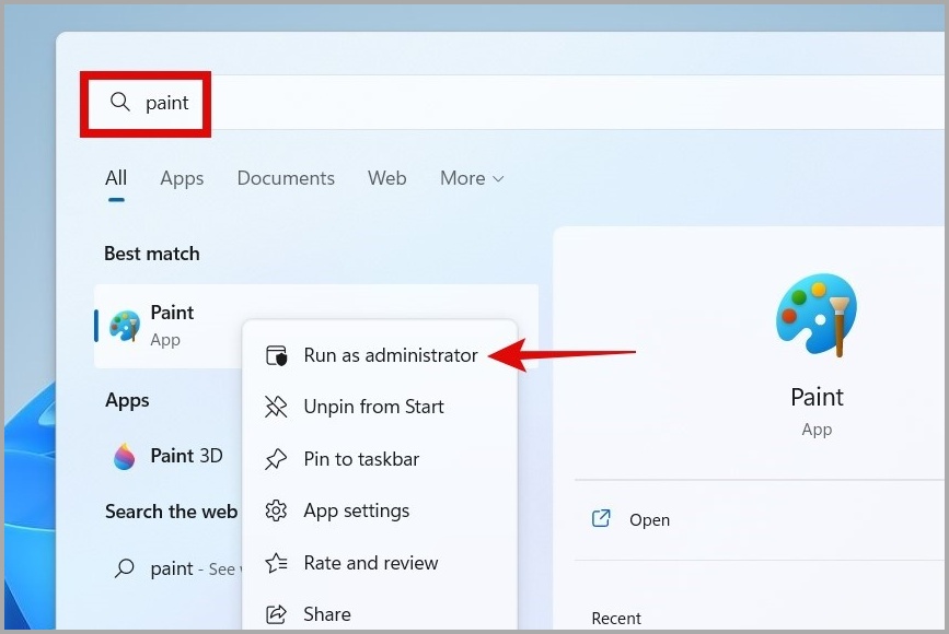 Откройте Paint от имени администратора в Windows 11.