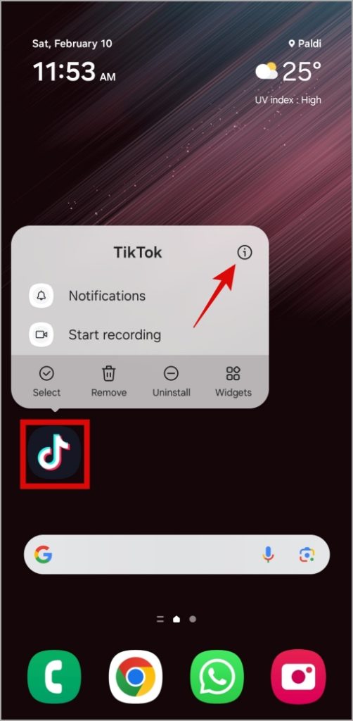 Откройте информацию о приложении TikTok на Android