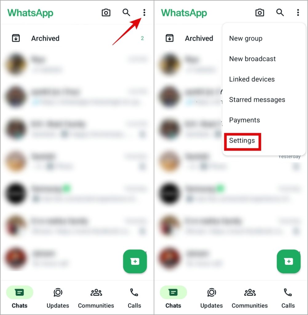 Открыть меню настроек WhatsApp на Android