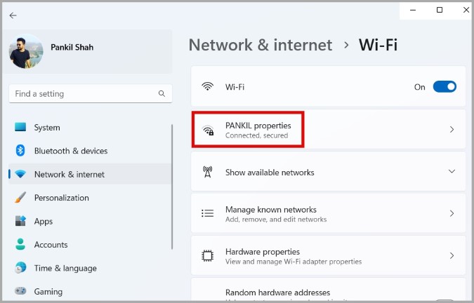 Откройте свойства Wi-Fi в Windows 11.