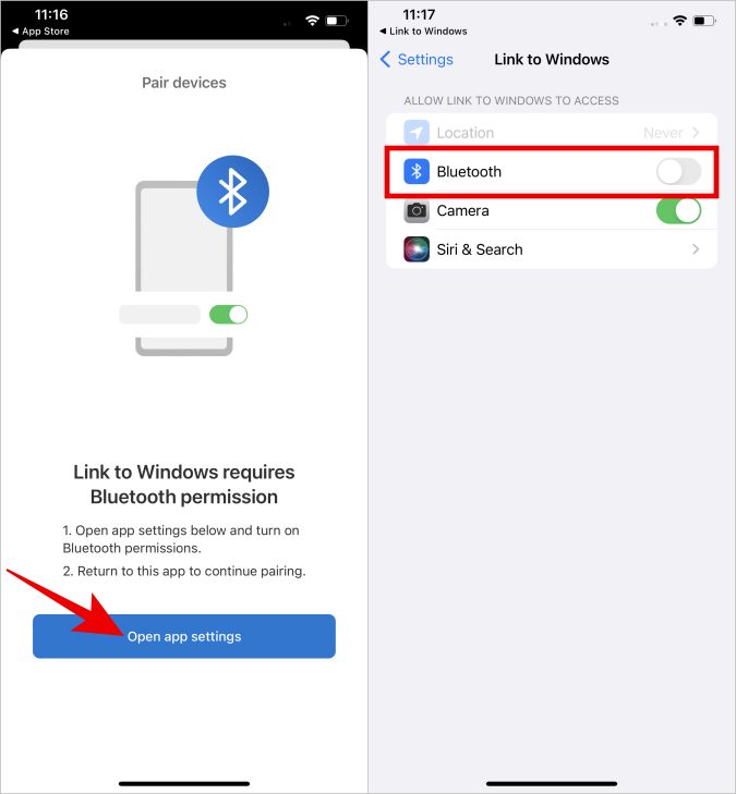 Предоставление настроек Bluetooth для связи с приложением Windows на iPhone