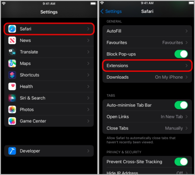Открытие расширений Safari в настройках iPhone