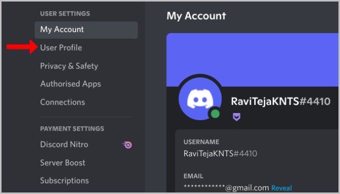 Открытие настроек профиля пользователя в Discord