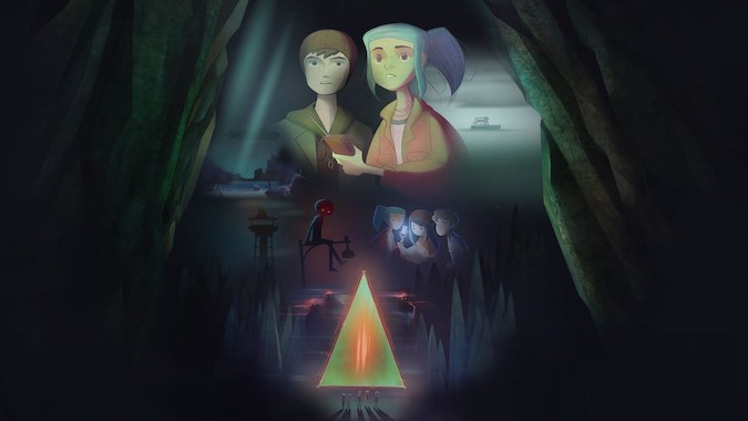 Oxenfree PS4 Просматривая пещеру, вы видите треугольник, несколько детей, тыквенного монстра и пару сверху.