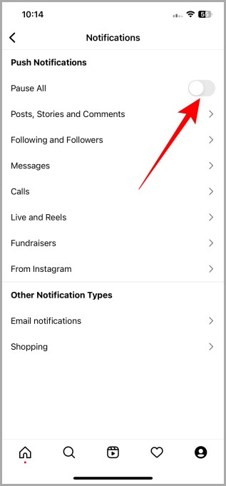 Приостановить все настройки уведомлений Instagram iOS