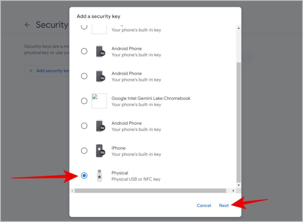 Выбор физического ключа безопасности в учетной записи Google