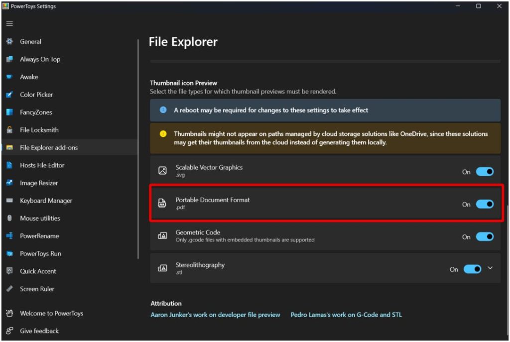 Включение миниатюр для PDF-файлов в Power Toys