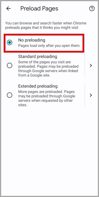 Запретить Chrome предварительно загружать страницы на Android