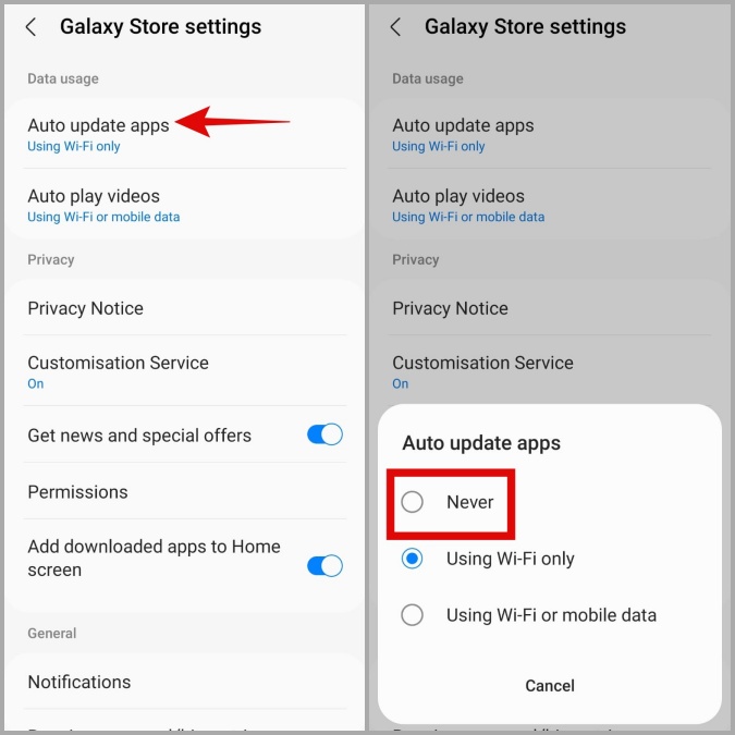 Запретить Galaxy Store обновлять приложения на телефоне Samsung