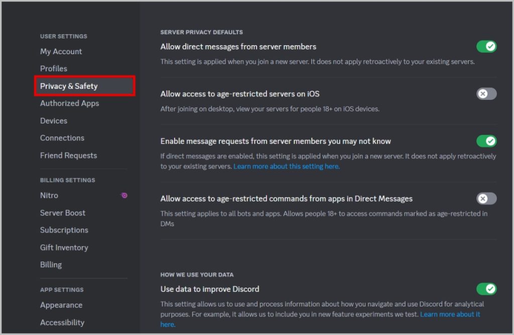 Параметры конфиденциальности и безопасности в Discord