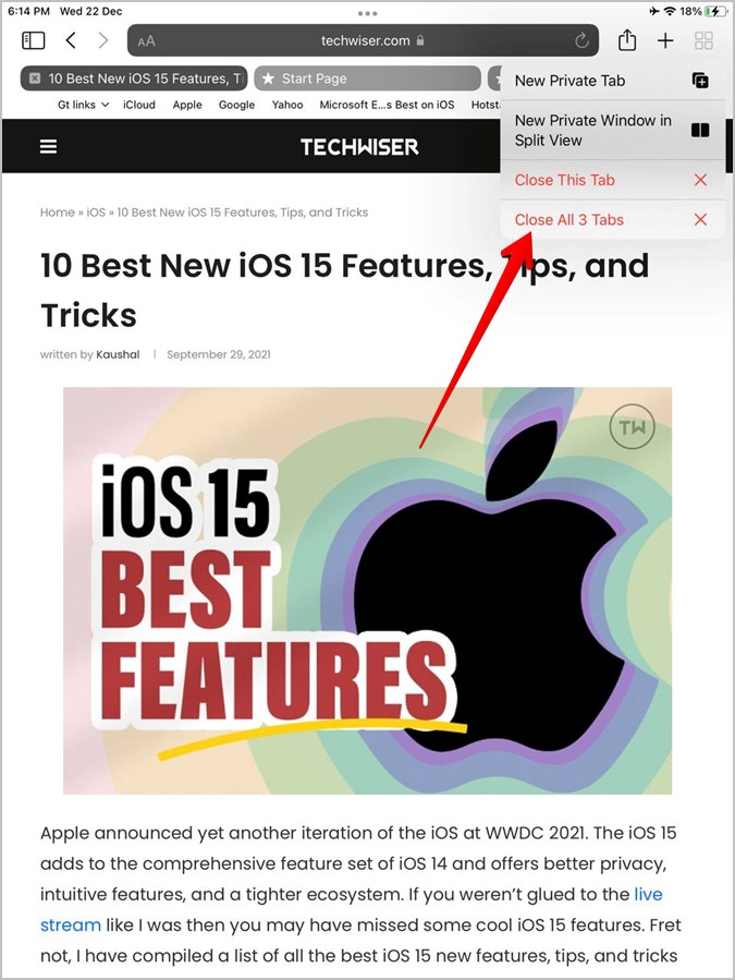 Приватный просмотр iPad Закрыть все вкладки