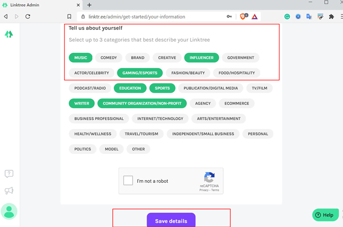 Подробности профиля Linktree