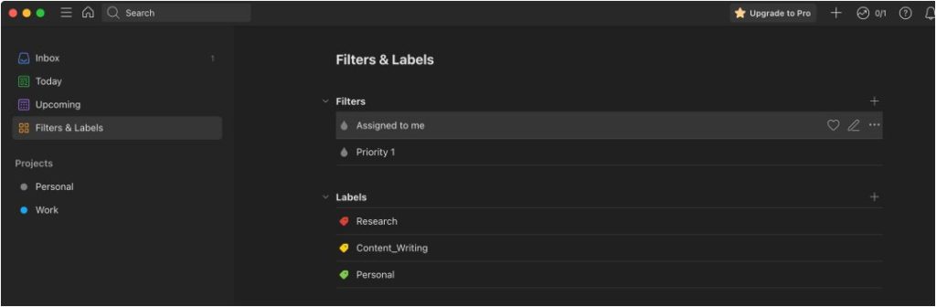 Проекты, фильтры и метки в приложении Todoist на Mac