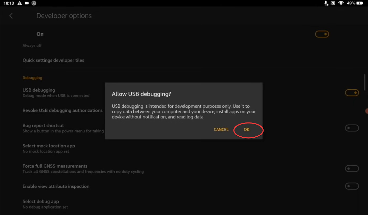 разрешить отладку по USB на планшете Amazon Fire