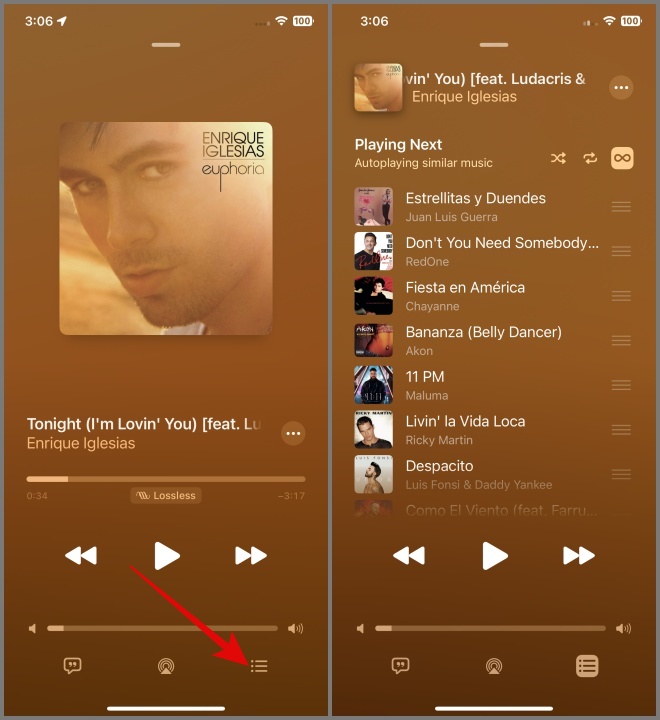 Кнопка «Очередь» в Apple Music Player