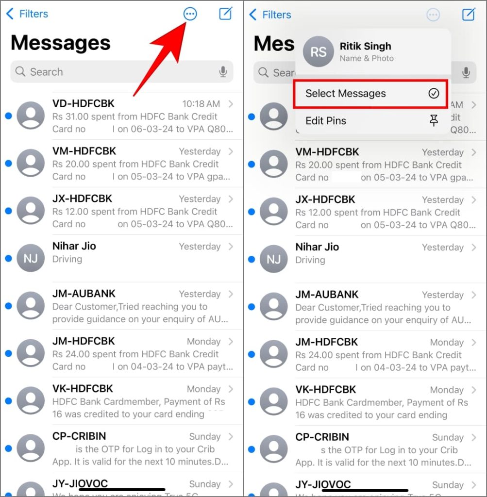 Выберите опцию «Сообщения» в iOS 17 на iPhone.