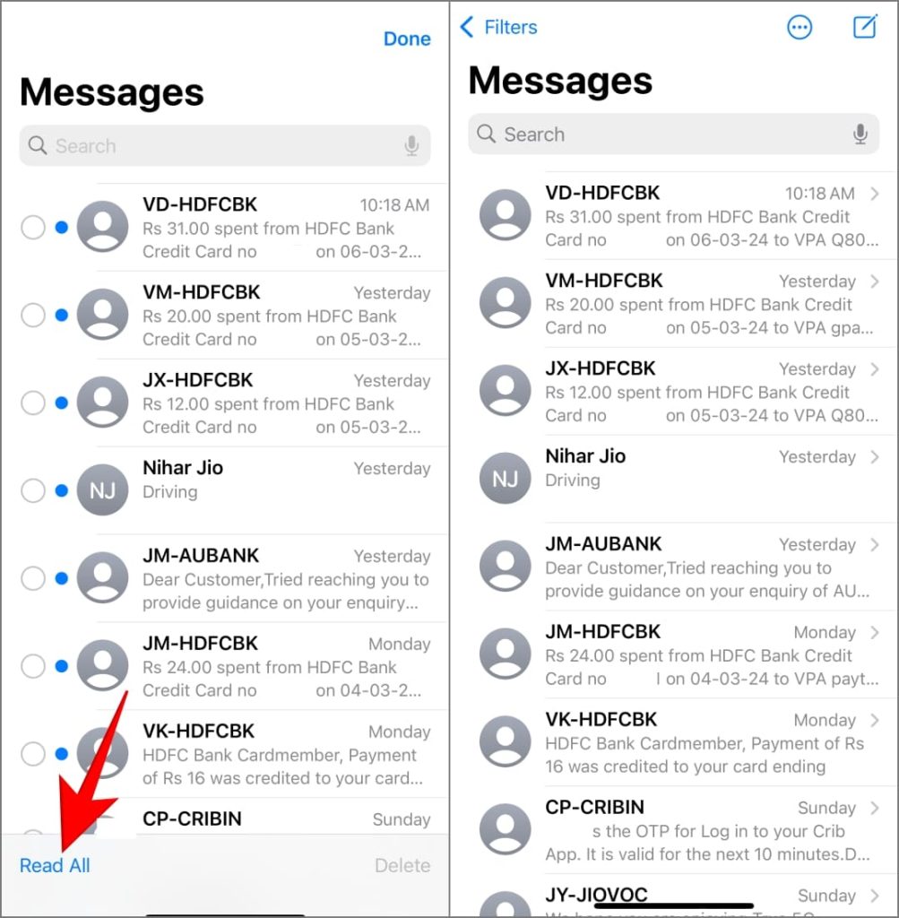 Параметр «Прочитать все» в приложении «Сообщения» на iOS 17 на iPhone