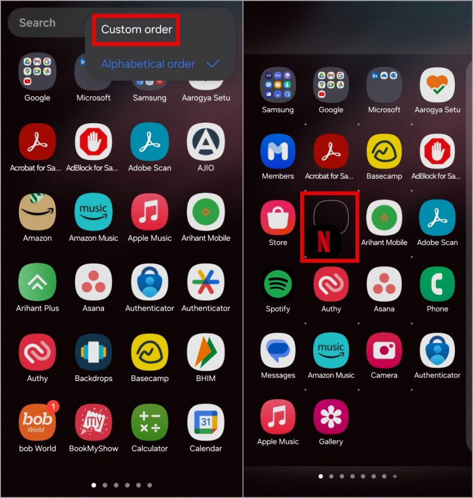 Изменение порядка приложений в ящике приложений на телефоне Samsung Galaxy