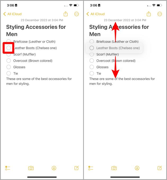 Изменение порядка элементов контрольного списка в приложении «Заметки» на iPhone