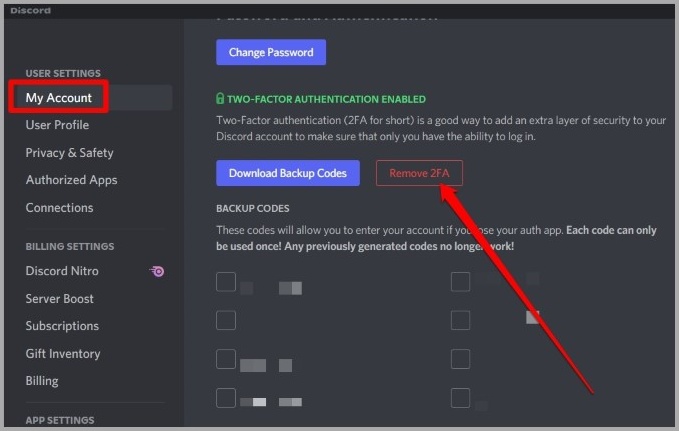 Удалить аутентификацию 2FA на Discord для ПК