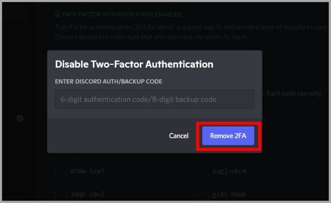 Удалить аутентификацию 2FA в Discord