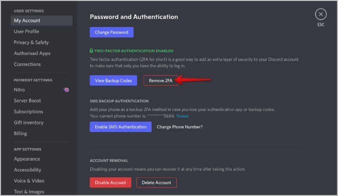 Удалить двухфакторную аутентификацию в Discord