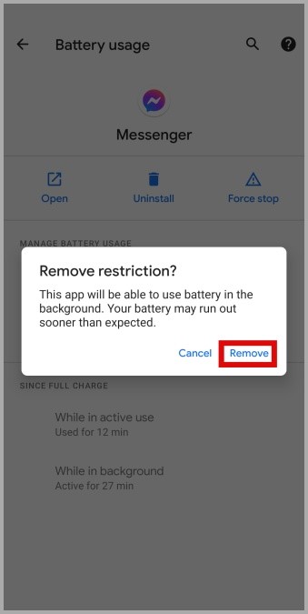 Удалить фоновое ограничение для Facebook Messenger на Android