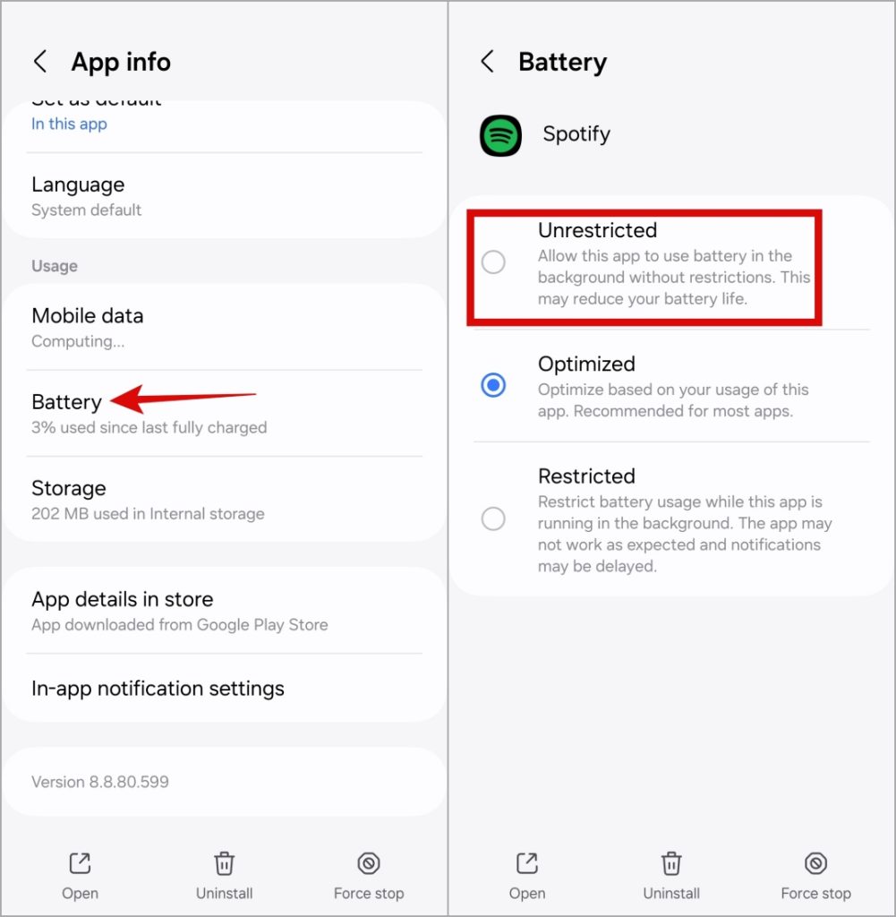 Снимите ограничения на использование батареи для Spotify на Android
