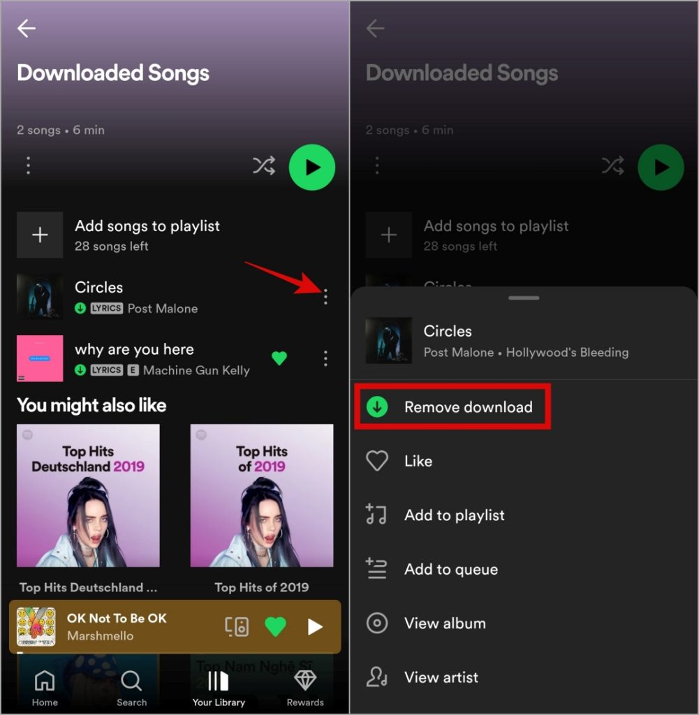 Удалить загруженную песню из Spotify на мобильном телефоне